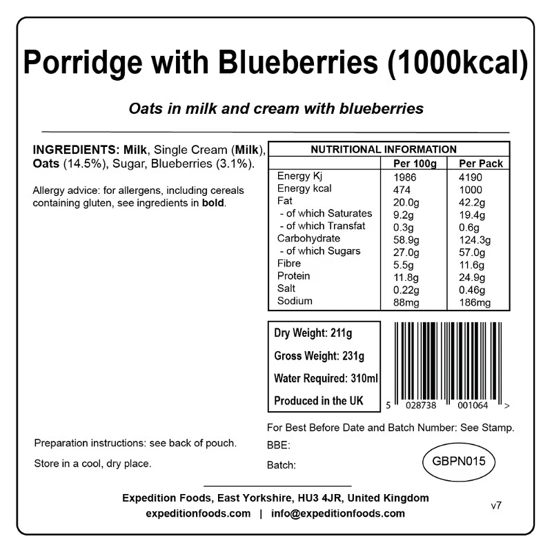 Expedition Foods Porridge with Blueberries (1000Kcal) - Image 3