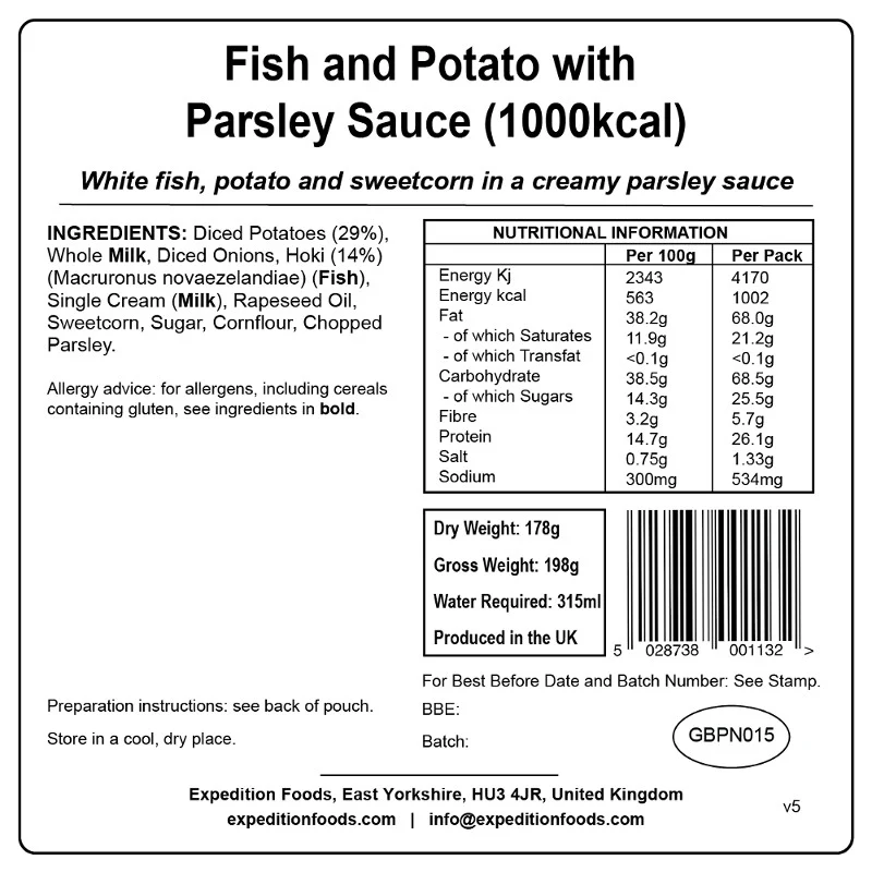 Expedition Foods Fish and Potato with Parsley Sauce (1000Kcal) - Image 3