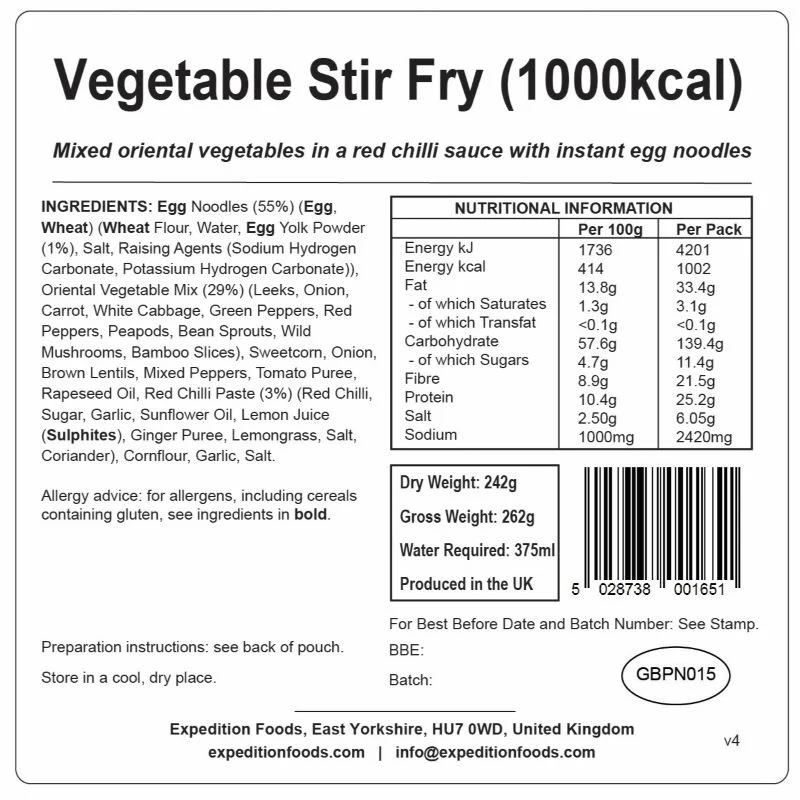 Expedition Foods Vegetable Stir Fry (1000Kcal) - Image 3