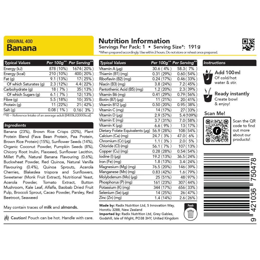 Radix Nutrition Original Banana Breakfast Meal (91g) 400kcal - Image 2